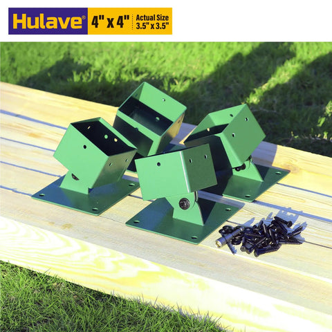 Stainless Steel Swing Set Anchor Leveling Kit For 4x4 Wood Posts Actual Size 3.5x3.5 with green brackets on grass.