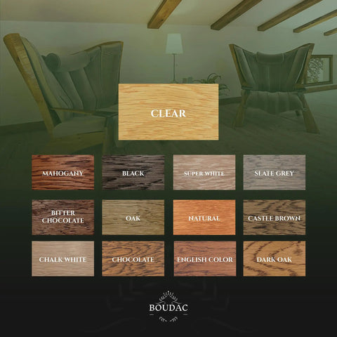 Top Shelf Two Component Hardwax Wood Oil For Indoor DIY Dead Simple One Coat Finisher VOC Free Linseed Mix Solid Black Tint For Furniture And Floors That Glides On Sleek In A 300 Ml Jar color samples showcasing wood finishes with labels, including clear, black, and mahogany.