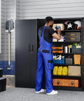 Worker using Heavy Duty Metal Storage Cabinet With Two Doors And Five Adjustable Shelves 71 Inch Tall Steel Locking Cabinet