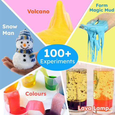 Girls Science Kit With 100 Plus Experiments For Kids Ages Five To Eight Safe Hands On STEM Activity Set That Makes Science Fun And Easy To Explore At Home. 100+ experiments collage
