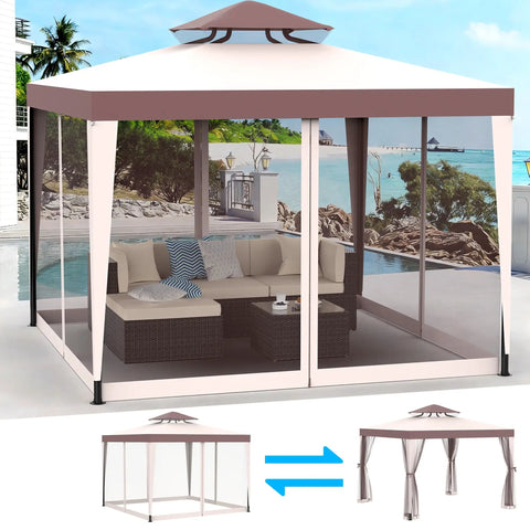 10x10 Outdoor Canopy Tent With UV Resistant Waterproof Top 2 Tier Vent Sturdy Patio Shelter With Removable Netting Beige and White