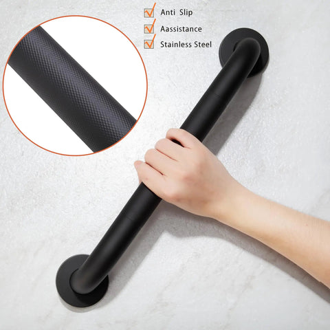 Workhorse Grade 16 Inch Black Shower Grab Bars Two Pack Heavy Duty 304 Stainless Steel Bathroom Safety Handles Non Slip Grip close-up grip on bar