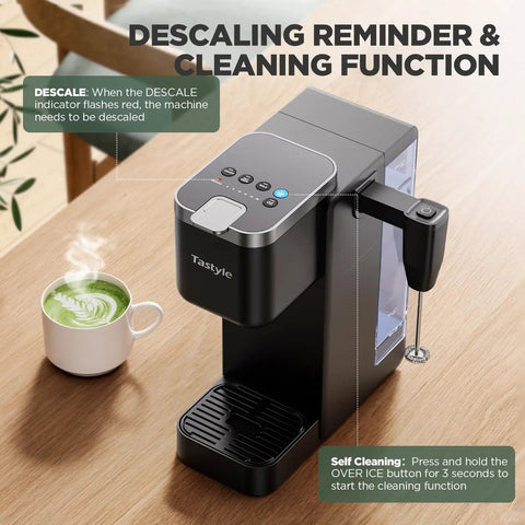 Single Serve Coffee Maker With Built In Detachable Milk Frother For Pods And Grounds No Fuss In Classic Bold Over Ice And Specialty Brew 40 Oz Removable Water Reservoir Six Cup Sizes Fits 7 Point 3 Inch Travel Mug Black on kitchen counter with latte