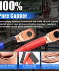 100% pure copper battery terminal connectors from 110 Pcs Copper Wire Lugs Kit With Pro Grade Heavy Duty Battery Terminal Connectors For AWG 2 4 6 8 10 12 14 16 Gauge, Ring Terminals And Heat Shrink Tubing, Durable Copper Cable Ends Set.
