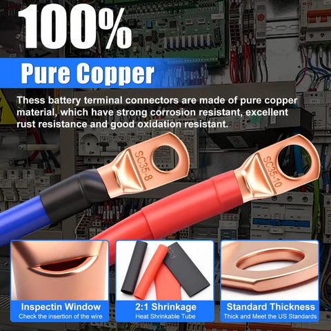 100% pure copper battery terminal connectors from 110 Pcs Copper Wire Lugs Kit With Pro Grade Heavy Duty Battery Terminal Connectors For AWG 2 4 6 8 10 12 14 16 Gauge, Ring Terminals And Heat Shrink Tubing, Durable Copper Cable Ends Set.