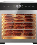 Top Shelf Eight Tray Stainless Steel Food Dehydrator With Kickin 500 Watt Electric Dryer, showcasing jerky on stainless trays.