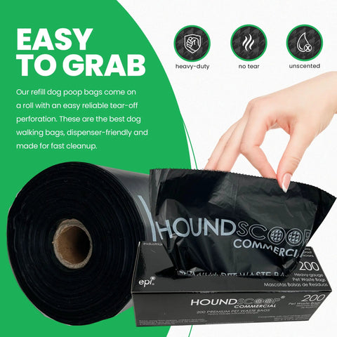 Bulk Pack Of 2000 Pet Waste Bags In Roll Format, Heavy Duty Pro-Grade Dog Poop Bags for Parks, HOAs and Residential Use, black rolls with hand.