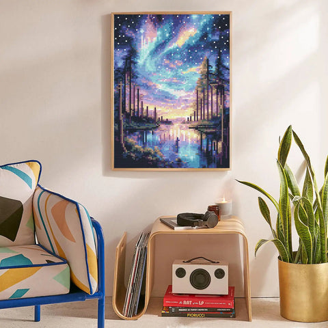 Starry Sky 5D Diamond Art Kit For Adults, Dope Aurora Lake Diamond Painting Set For Beginners, Full Drill Gem Art, Wall Display