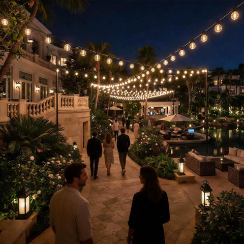 Outdoor String Lights 200 Ft Connectable G40 LED Bulbs 104 Count Shatterproof Waterproof Patio Lighting over garden path