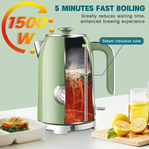 57oz Electric Kettle For Quick Tea Brew, 1500W Fast Heating, Stainless Steel, Cordless With LED Indicator, Auto Shutoff And Boil Dry Protection, Thermometer, Retro Green