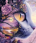 5D Diamond Painting Kit for Adults Dope Cherry Blossom Cat Diamond Art featuring a whimsical cat face with floral and landscape details.