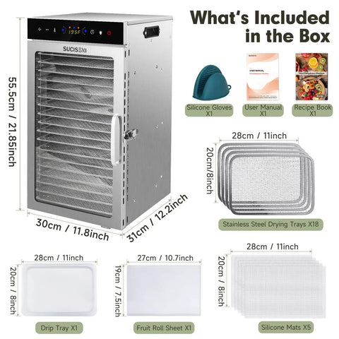 Hella Big 18 Tray Stainless Steel Food Dehydrator Machine With Smooth Touch Panel And 24 Hour Timer, features included in the box.