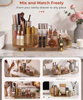 Top Shelf 360 Spin Makeup Organizer For Vanity Countertop Functions As Amber Acrylic Cosmetic Tray with beauty products on a marble surface.