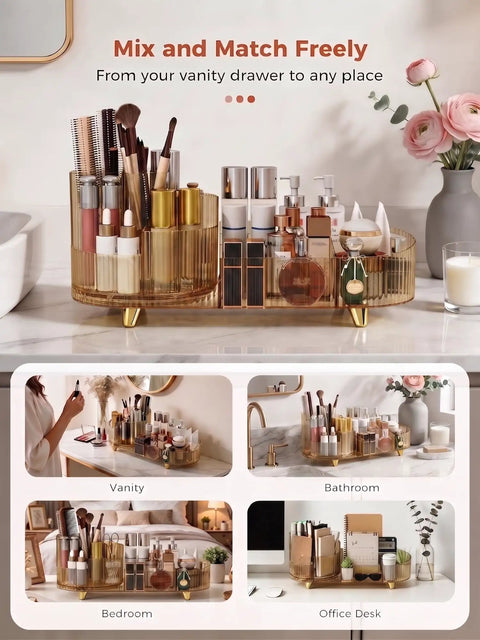 Top Shelf 360 Spin Makeup Organizer For Vanity Countertop Functions As Amber Acrylic Cosmetic Tray with beauty products on a marble surface.