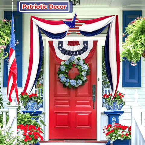 All American Patriotic Bunting Flags 4Pack 2x4 Ft Pleated Half Fan Flags for 4th of July Outdoor Porch Decor hanging on a red door