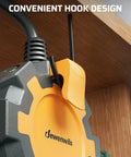 Close-up of Rock Solid 15 Foot Heavy Duty Extension Cord With Weather Resistant Cover and Six Outlet Power Hub featuring a convenient hook design.