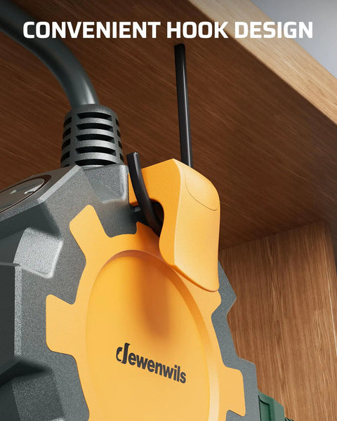 Close-up of Rock Solid 15 Foot Heavy Duty Extension Cord With Weather Resistant Cover and Six Outlet Power Hub featuring a convenient hook design.