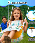 Two children playing on swings of the Augusta Cedar Wooden Swing Set With Heavy Duty A Frame 6ft Double Wall Slide 2 Height Adjustable Swings Rock Climber Sandbox And Playfort With Canopy Bonus Anchor Kit Included.