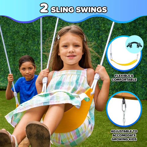 Two children playing on swings of the Augusta Cedar Wooden Swing Set With Heavy Duty A Frame 6ft Double Wall Slide 2 Height Adjustable Swings Rock Climber Sandbox And Playfort With Canopy Bonus Anchor Kit Included.