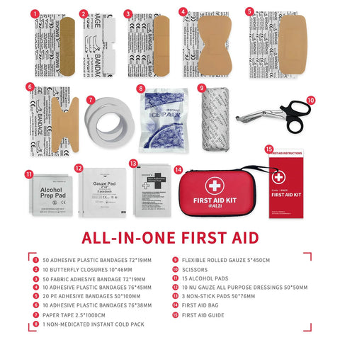 Amazon All-Purpose First Aid Kit in red portable case with 184 pieces, including bandages, scissors, gauze, tape, alcohol pads and cold pack.