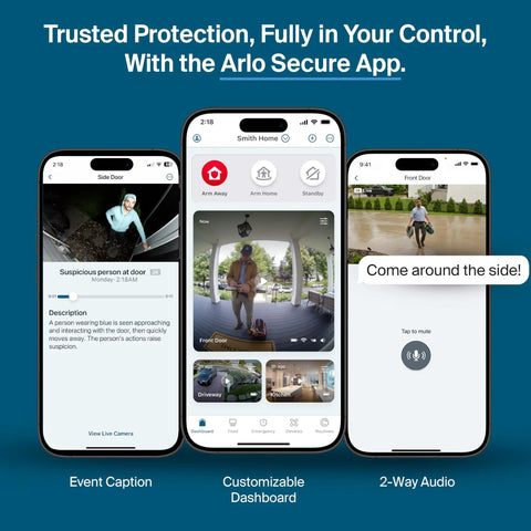 Image of the Arlo Secure app displaying various features for the 2K HDR Wireless Outdoor Security Camera System With No Hassle Swappable Battery.