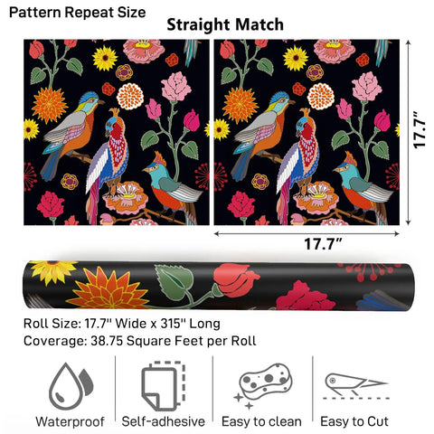 Vintage Parrot Floral Peel And Stick Wallpaper With Dark Background Self Adhesive Vinyl Roll 17.7 By 315 Inches Exotic Birds Decor diagram