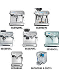 Image of various Breville espresso machines, including models BES920XL, BES980XL, BES860XL, BES870XL, BES900XL, and BES840XL.