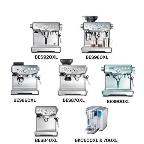 Image of various Breville espresso machines, including models BES920XL, BES980XL, BES860XL, BES870XL, BES900XL, and BES840XL.