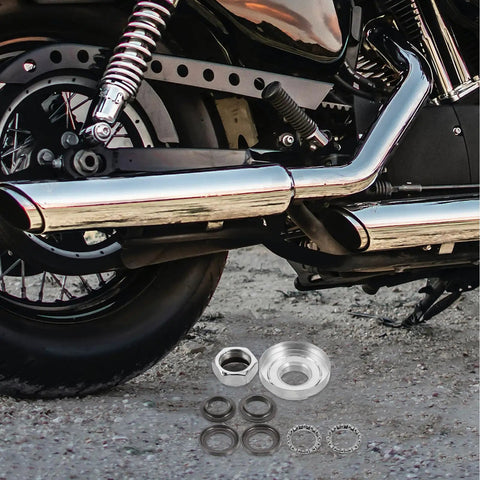 7 Pack Mini Dirt Bike Steering Shaft Bearings Kit for Off Road Rides displayed beside motorcycle wheel and exhaust
