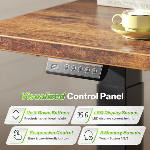 L Shaped Standing Desk With Power Outlets, A Large 63 By 55 Inch Corner Computer Desk control panel with LED display, rustic brown