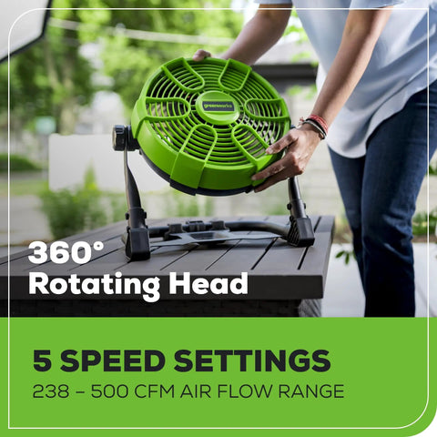 Person adjusting 40V 10 Inch Hybrid Fan With 5 Speed Settings And 360 Degree Rotating Head Delivering Up To 785 CFM Airflow Cordless