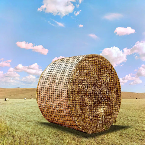Heavy Duty Slow Feeding Horse Hay Net 5 By 5 Ft 1.75 Inch Knotless Mesh Reduces Hay Waste 60 Percent on round hay bale