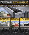 No Tools Needed Gutter Guard For Commercial 8 Inch Gutters 108 Ft Kit installed on metal building with large box gutters.