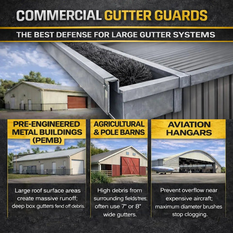 No Tools Needed Gutter Guard For Commercial 8 Inch Gutters 108 Ft Kit installed on metal building with large box gutters.