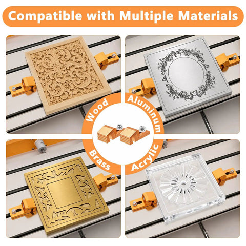 Heavy Duty Aluminum Hold Down Clamps For CNC Routers And Woodworking Low Profile Side Grips compatible with wood, aluminum, brass, and acrylic.
