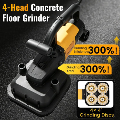 Heavy Duty Four Head Concrete Floor Grinder With Extendable Rod And Diamond Grinding Discs For Flawless Wall To Wall Finishes That Rip Through Tough Concrete Floors on a dark surface.