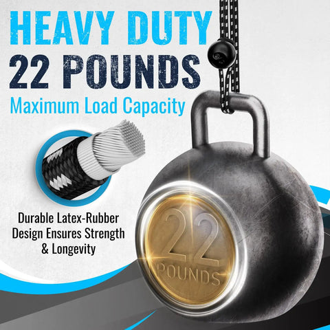 50 Pack 6 Inch Ball Bungee Cords With Elastic String For Canopy Tarp Tent Poles And Wires Heavy Duty UV Resistant Ball Tie Downs showing 22-pound weight capacity detail.