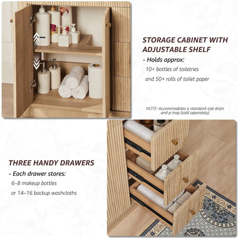 Top Shelf 36 Inch Fluted Bathroom Vanity With Single Sink In Natural Oak Featuring Smooth Rounded Corners And Slick Modern Design For Your Sweet Home Refresh Setup