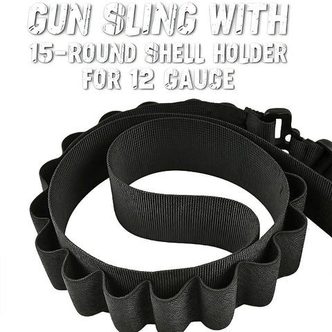 Two Point Shotgun Sling With 15 Round 12 Gauge Shell Holder Go To Accessory For Quick Access Ammo During Hunting And Outdoor Adventures Built For Field Use, black adjustable sling with shell loops