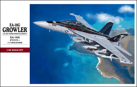 One To Forty Eight Scale EA 18G Growler Aircraft Model Kit With Decals And Detailed Instructions Not Included Paints And Glue May Be Needed For Assembly Perfect Pick For Builders And Collectors shown on box art with ocean background