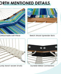 Details of 10.5Ft Double Hammock With Curved Spreader Bars For Two People, Heavy Duty Outdoor Hammock With Detachable Pillow, Blue Green Color