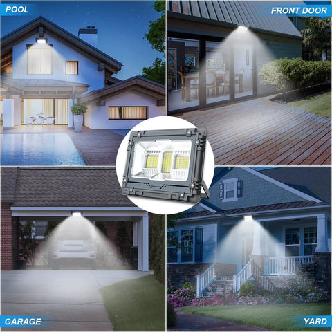 Beastly Bright Outdoor Solar Flood Light With Remote 600 Lumen illuminating a pool, front door, garage, and yard at night