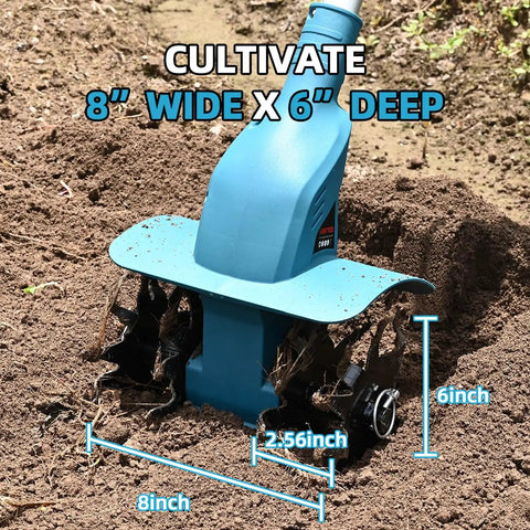 Cordless 21V Tiller With 8 Inch Wide Cultivator, 4.0Ah Battery Powered Garden Rototiller, Steel Tines in Soil Demonstration