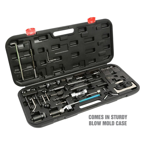 Pro Grade 37 Piece Engine Timing Tool Set For VW And Audi Timing Belt Service Kit With Belt Tensioner Cam Pulley Holder in open case