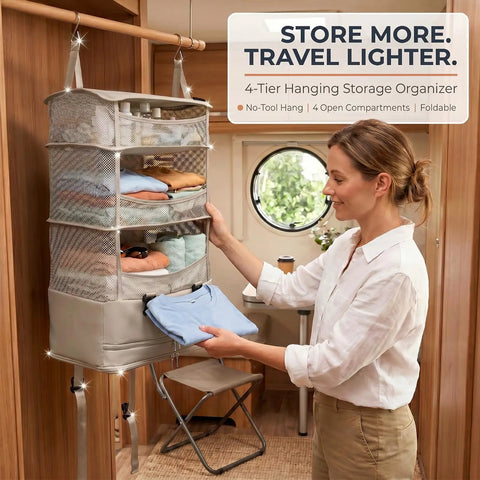 Woman using Travel Hanging Shelf Bag With 5 Tier Packing Cube Organizer in RV closet with clothes visible