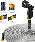 Stainless Steel Garden Hose 50 Ft Heavy Duty With 10 Function Nozzle, kink-free design showcasing connectors and water nozzle
