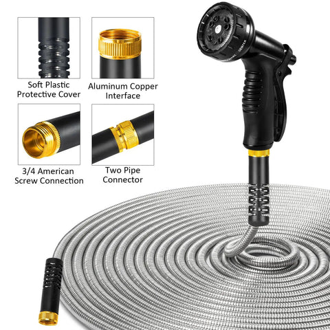 Stainless Steel Garden Hose 50 Ft Heavy Duty With 10 Function Nozzle, kink-free design showcasing connectors and water nozzle