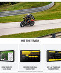 Motorcycle on track with XT3 6 Inch Motorcycle GPS Navigator Bundle showcasing lean angle metrics and routing features