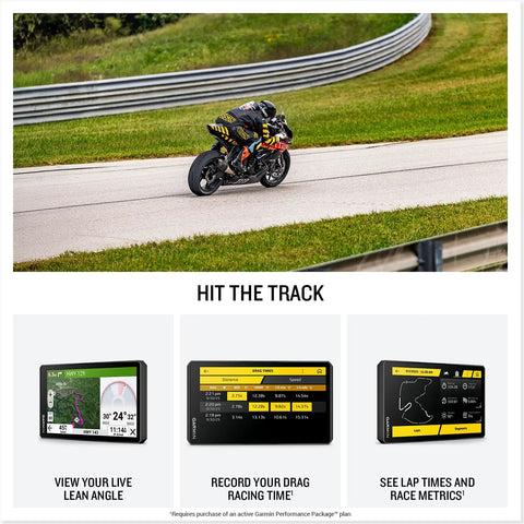 Motorcycle on track with XT3 6 Inch Motorcycle GPS Navigator Bundle showcasing lean angle metrics and routing features