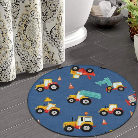 Non Slip Bedroom Circular Rug With Farm Tractor Pattern Round Area Rug For Living Room Or Bath Machine Washable 24 Inch Cozy Soft Polyester Easy Care Home Decor Mat on bathroom floor.